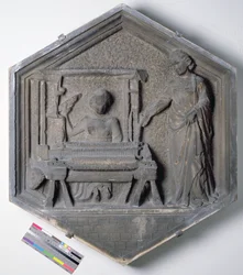 The Art of Weaving, hexagonal decorative relief tile from a series depicting the practitioners of the Arts and Sciences, possibly based on designs by Giotto